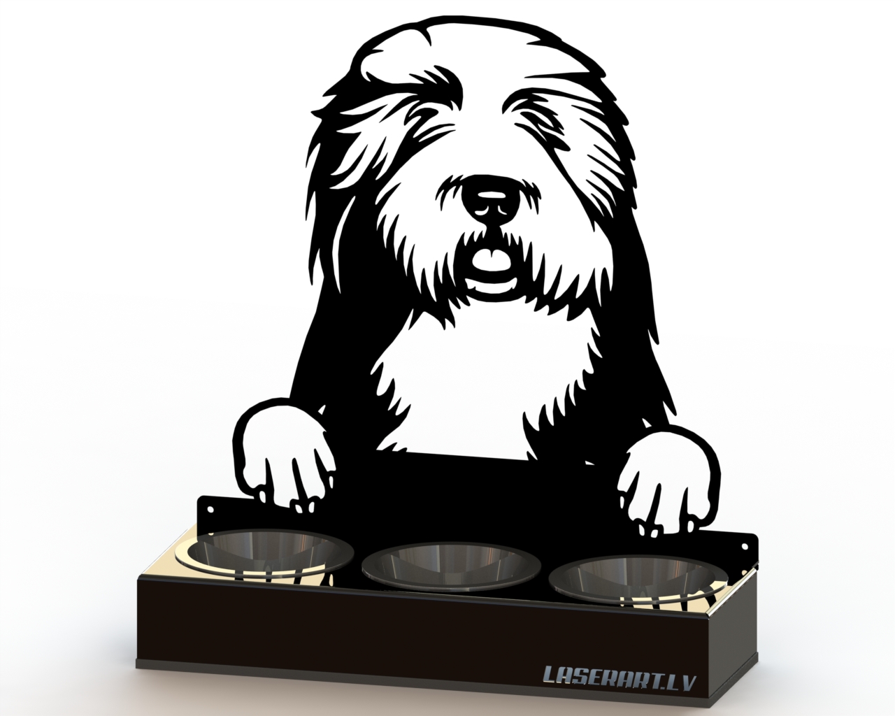 3-Bowl Dog Feeder, Old English Sheepdogs Dog breed, Raised Feeding Station